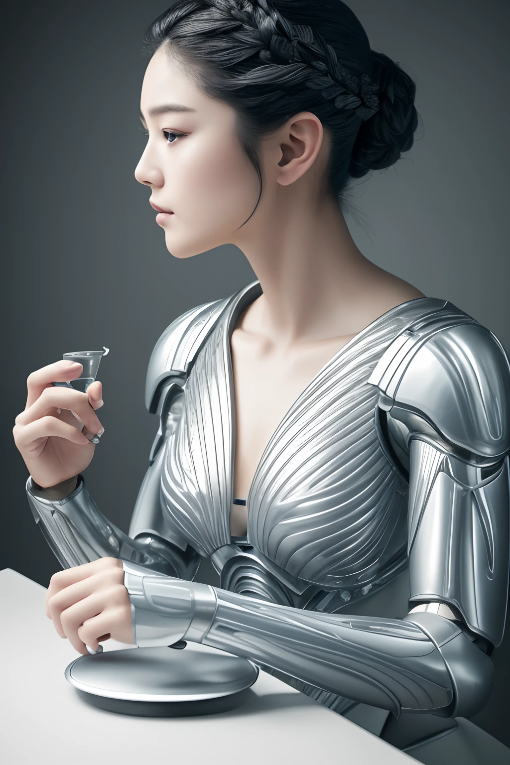 Best Quality, masuter piece, 超A high resolution, (Photorealistic:1.4), Raw photo, Professional Lighting, high-level image quality, high-detail, ​masterpiece、Complex 3d rendering ultra detailed beautiful porcelain profile female android face、cyborgs、roboticparts、150mm、Beautiful studio soft lights、Rim Light、Vivid details、luxuriouscyberpunk、Ren Hao、surrealistic、Anatomical、face muscles、cable electric wires、microchips、elegent、beatiful backgrounds、octan render、HR Giger Style、8K、top-quality、​masterpiece、illustratio、extremely delicate and beautiful、A highly detailed、nffsw、unification、wall-paper、（realisitic、Photorealsitic：1.37）、magnifica、Finely detailed、​masterpiece、top-quality、Official art、Highly detailed ticker Unity 8K wallpapers、absurderes、incredibly absurdness、机器人、Silver Halmet、full body Esbian、sitting on、Staring at the viewer、You are seducing your audience