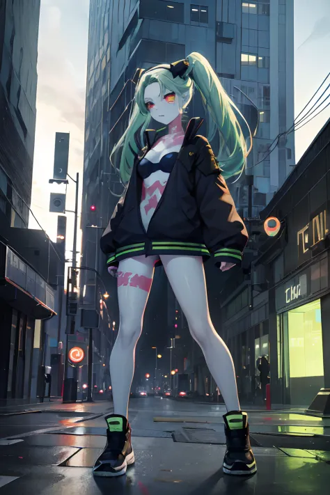 Rebecca, 1girl, green hair, white skin, twintails, colored sclera, red sclera, bra, panties, black jacket, artificial eye, black sneakers, perfect anatomy, solo, zombie, multiple boys, crowd, glowing eyes, undead, horror \(theme\), masterpiece, best qualit...