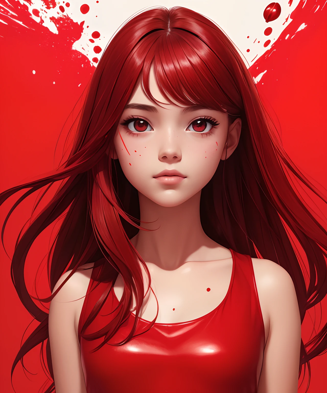 a girl, illustration, cover art , (((red))), portrait, red background, red splash