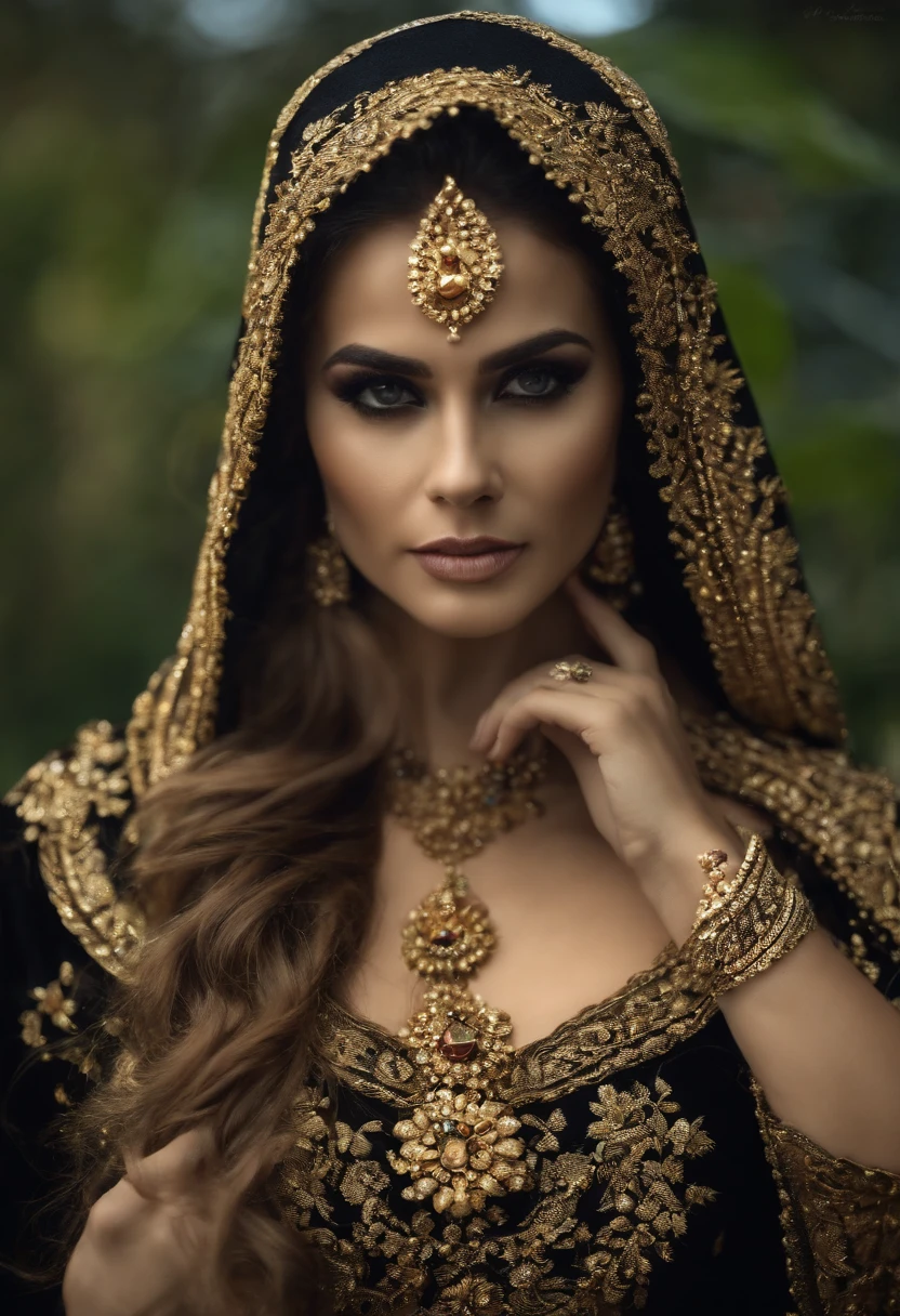 Красивая женщина с лицом черепа, в красивом красивом черном платье с  капюшоном, . Все украшено золотом - SeaArt AI