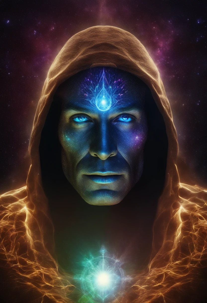 Mystic Man Face, ser de luz, En medio del universo, cuerpo astral, con aura alrededor, 4k 9:16