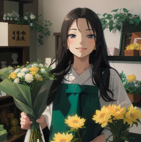 there is a cute anime girl holding a bouquet of flowers in a room,  attractive girl, cute woman, young asian girl, holding flowe...