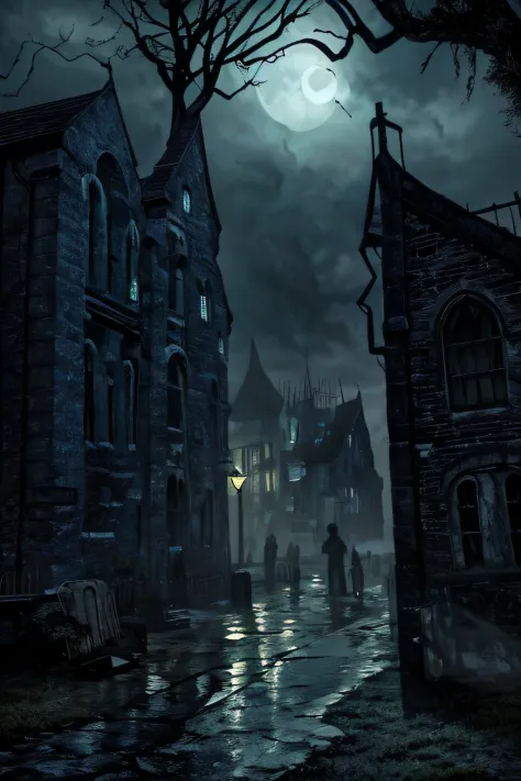 Innsmouth's Haunting Reverie: Envision a hauntingly atmospheric scene inspired by H.P. Lovecraft's tale, "The Shadow over Innsmouth." In this digital artwork, portray the eerie town of Innsmouth cloaked in an oppressive darkness. Dilapidated and weather-wo...