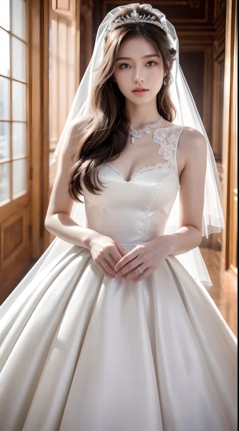 (Very detailed, reasonable design, Clear lines,Best quality, Masterpiece,Light and dark light Canon photography crystal clear （realisticlying:1.2）A beautiful woman in a white wedding dress