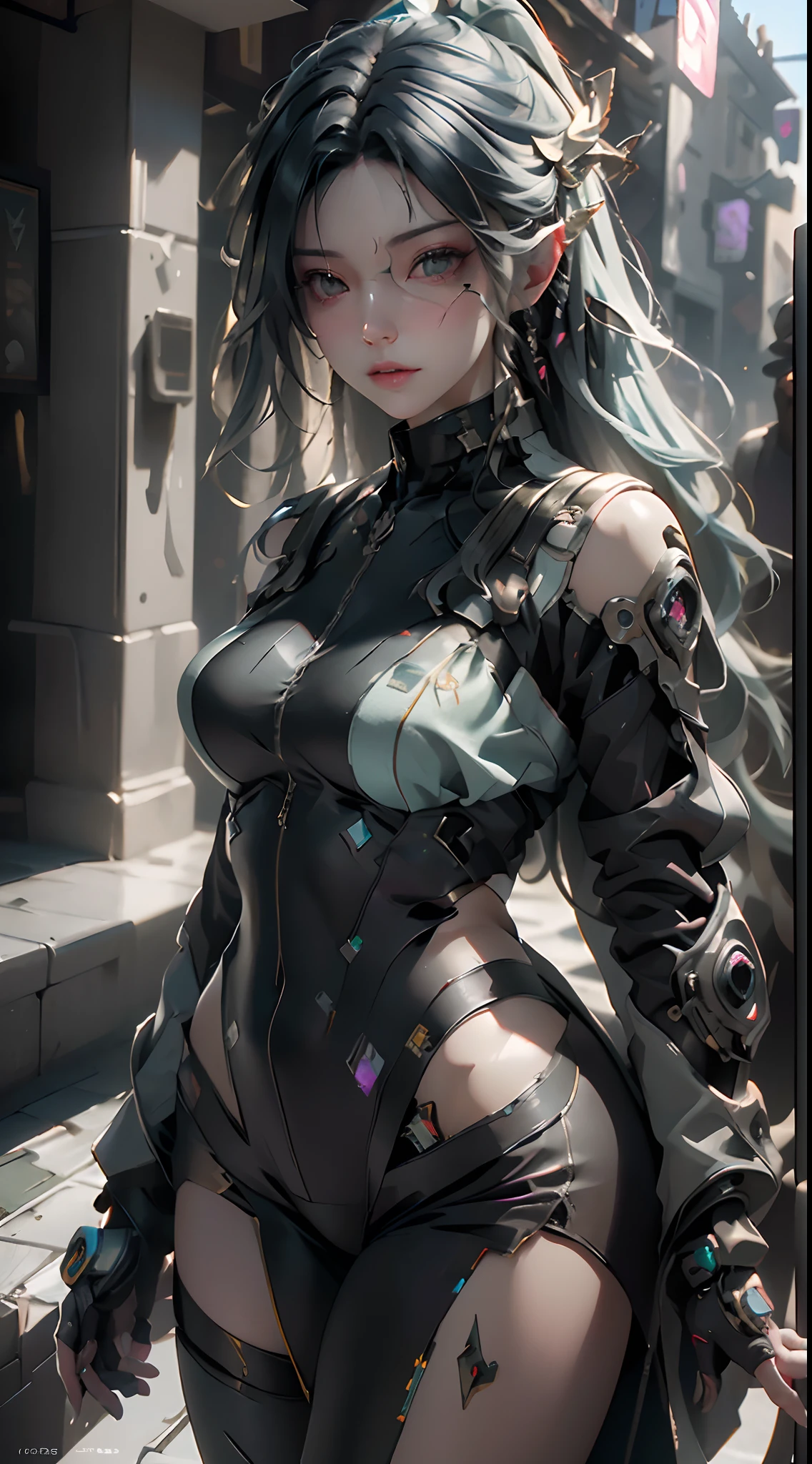 ((Best quality)), ((masterpiece)), (detailed:1.4), 3D, an image of a beautiful cyberpunk female,HDR (High Dynamic Range),Ray Tracing,NVIDIA RTX,Super-Resolution,Unreal 5,Subsurface scattering,PBR Texturing,Post-processing,Anisotropic Filtering,Depth-of-field,Maximum clarity and sharpness,Multi-layered textures,Albedo and Specular maps,Surface shading,Accurate simulation of light-material interaction,Perfect proportions,Octane Render,Two-tone lighting,Wide aperture,Low ISO,White balance,Rule of thirds,8K RAW,