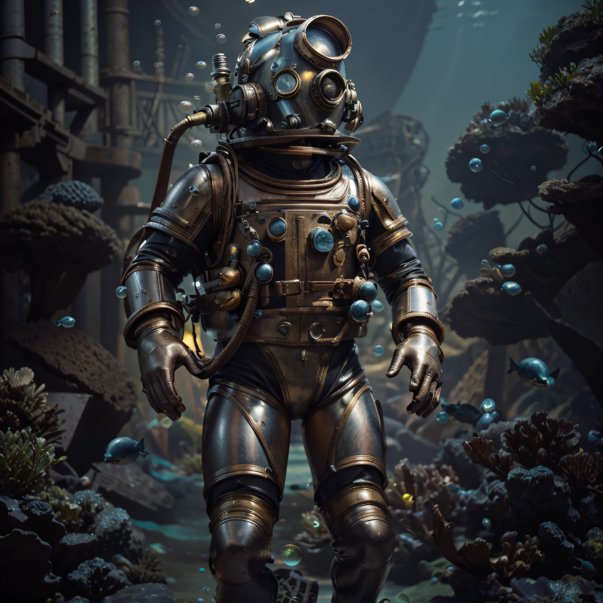 Antique metal art deco style diving suit with many tubes, large round metal heavy metal helmet with round visors, black leather gloves, carries a gun with harpoon purple details, Under the sea, fish, bubbles, underwater efect, low light, ultra realistic, Ultra detailed, hyper realistic, 4k , Ultra detailed image, realistic, Highly detailed, perfect composition, beautiful, intricately detailed, incredibly detailed, 8k art photography, hyper detailed, ultra realistic masterpiece, ultra detailed, hyper realistic, 4k, ultra detailed image, realistic, highly detailed, perfect composition, beautiful, intricately detailed, incredibly detailed, art photography 8k, hyper detailed, masterpiece