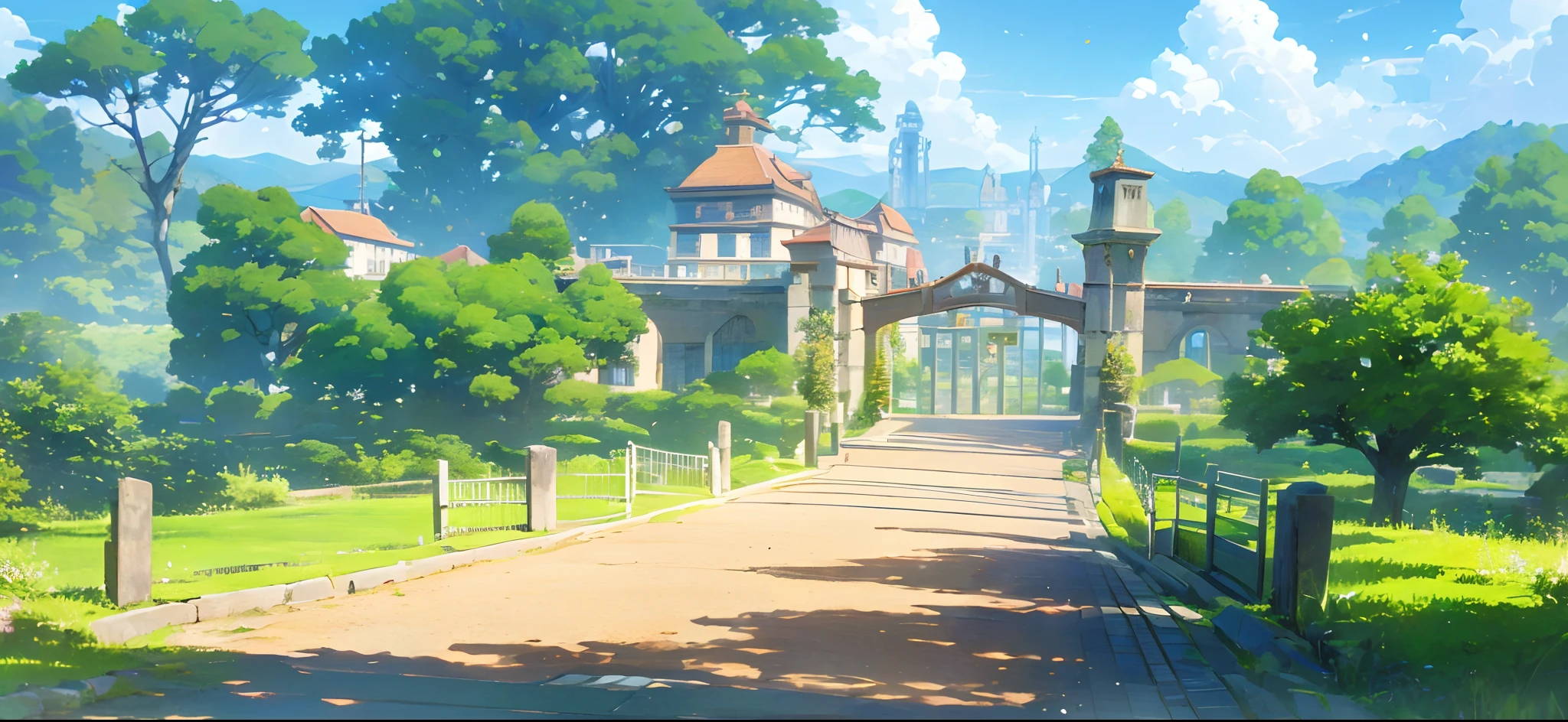 the front gate with a tall stone wall and a tower with a magic clock, (eye level perspective), ((side scrolling game)), a victorian school with a large open gateway, epic composition, warm colors, trees, flowerbed, flowers (((anime style))), ((baroque architecture)), (japanese school gate), Makoto Shinkai style, Studio Ghibli style