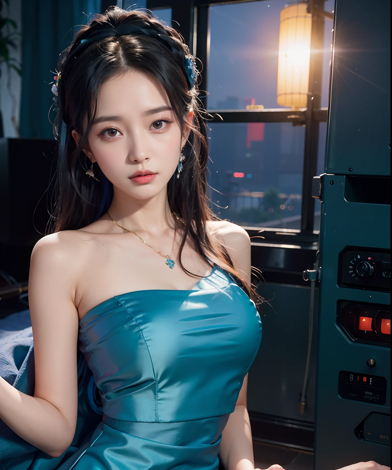 mulher araffe de vestido azul e usando joias, sha xi, luar, Jingna Zhang, Cristal, destaque, Inspirado por Huang Ji, de mim, 8k 4k, Tae June Kim, 8k 4k, luar, Fantasia Xianxia, rainha do mar mu yanling, perfume, inspirado em Jeong Seon, inspirado em Shao Mi