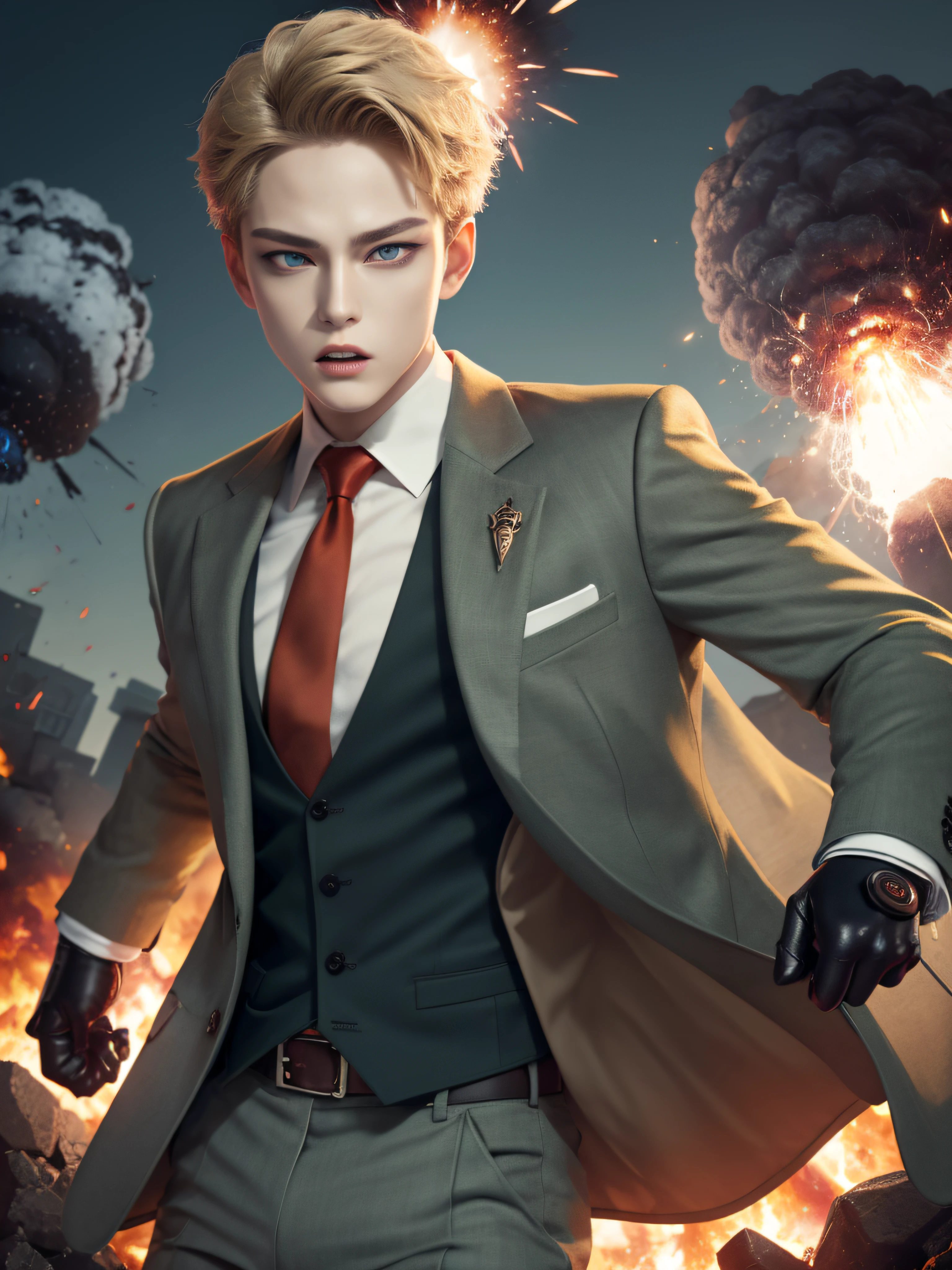 agent_twilight, masterpiece, best quality, (explosion), shooting, action, colorful, high contrast, shirt, jacket, gloves, necktie, pants,