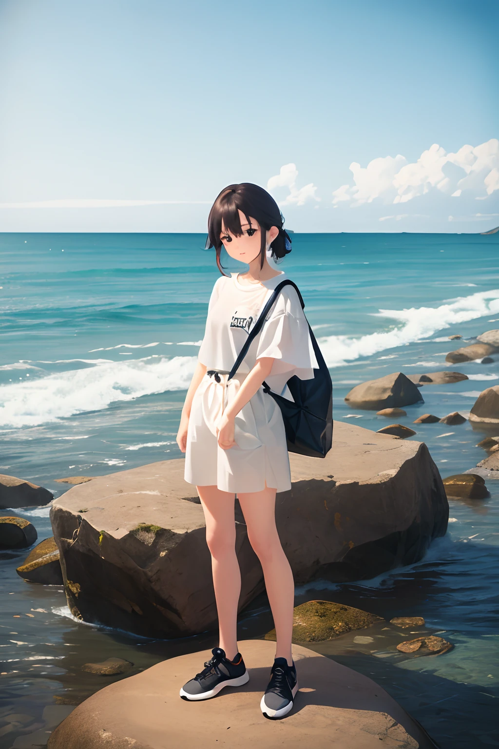 (masterpiece), best quality, expressive eyes, perfect face,

a woman standing on a rocky beach next to the ocean, a picture, by Jin Nong, happening, cute casual streetwear, fluid bag, hyung tae, !!natural beauty!!, y2k, handsome girl, baggy, cute:2, scene!!, h 7 0 4