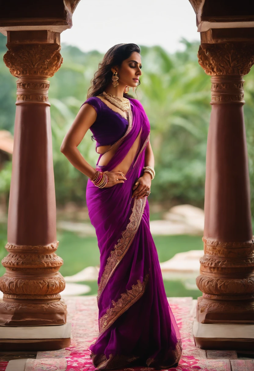 A woman in a purple sari standing in a doorway - SeaArt AI