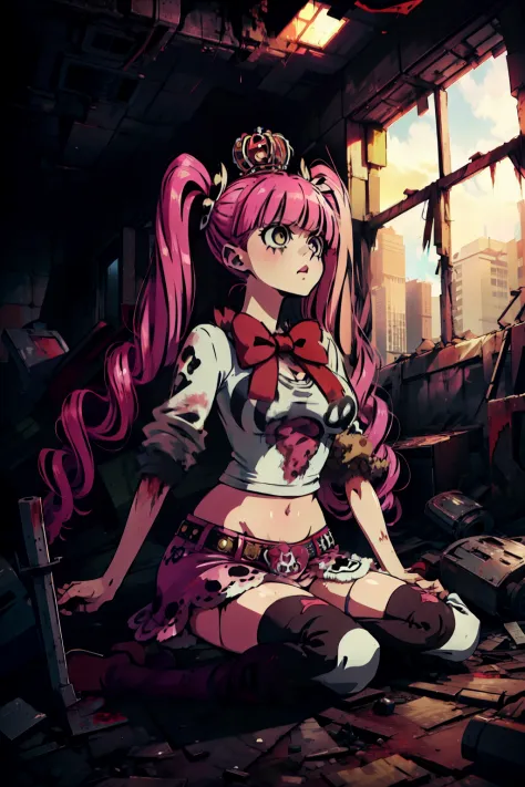 Perona, 1girl, pink hair, black eyes, blunt bangs, drill hair, red lipstick, long twintails, crown, (white and black striped stockings), long red boots, red capelet, pink bowtie, white shirt with sleeves, red skirt, midriff, perfect anatomy, solo, zombie, ...