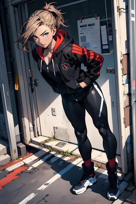 marvel comic panel, make a 16 year old girl with medium length light brown hair with blue eyes, wearing a black and white spidersuit with a red zip up hoodie which is opened, showing her full body
