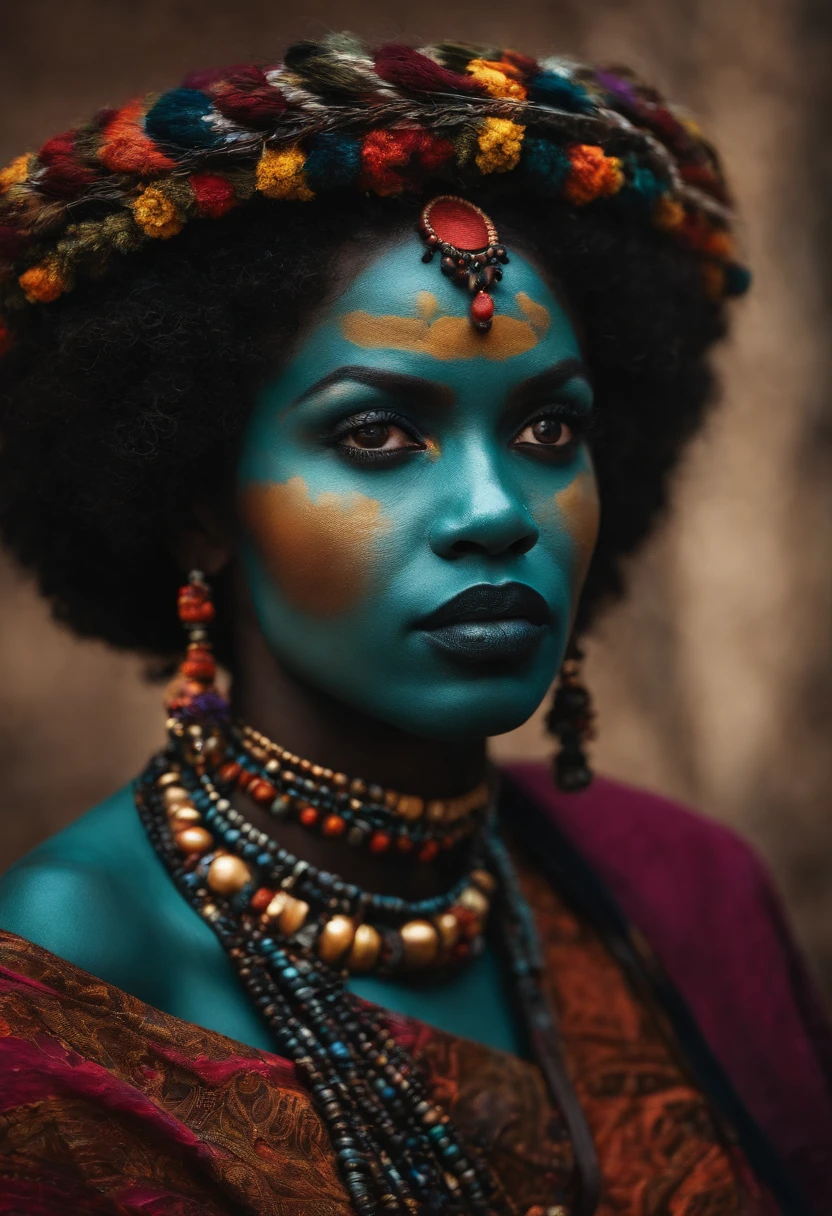 A woman with blue makeup and a headdress is posing for a photo - SeaArt AI