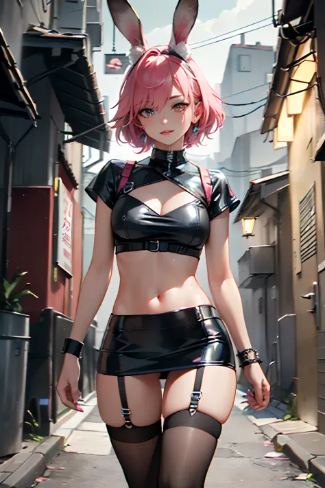 Cute Bunny,(((20 years old))),((Anime little rabbit with very cute and beautiful twin-tailed pink hair walking down the street)),(((Bunny Girl,Antro Furry Cute,bunnygirl))),(((Bunny ears,Rabbit ears on the head,Big rabbit ears))),

((large full breasts))),...