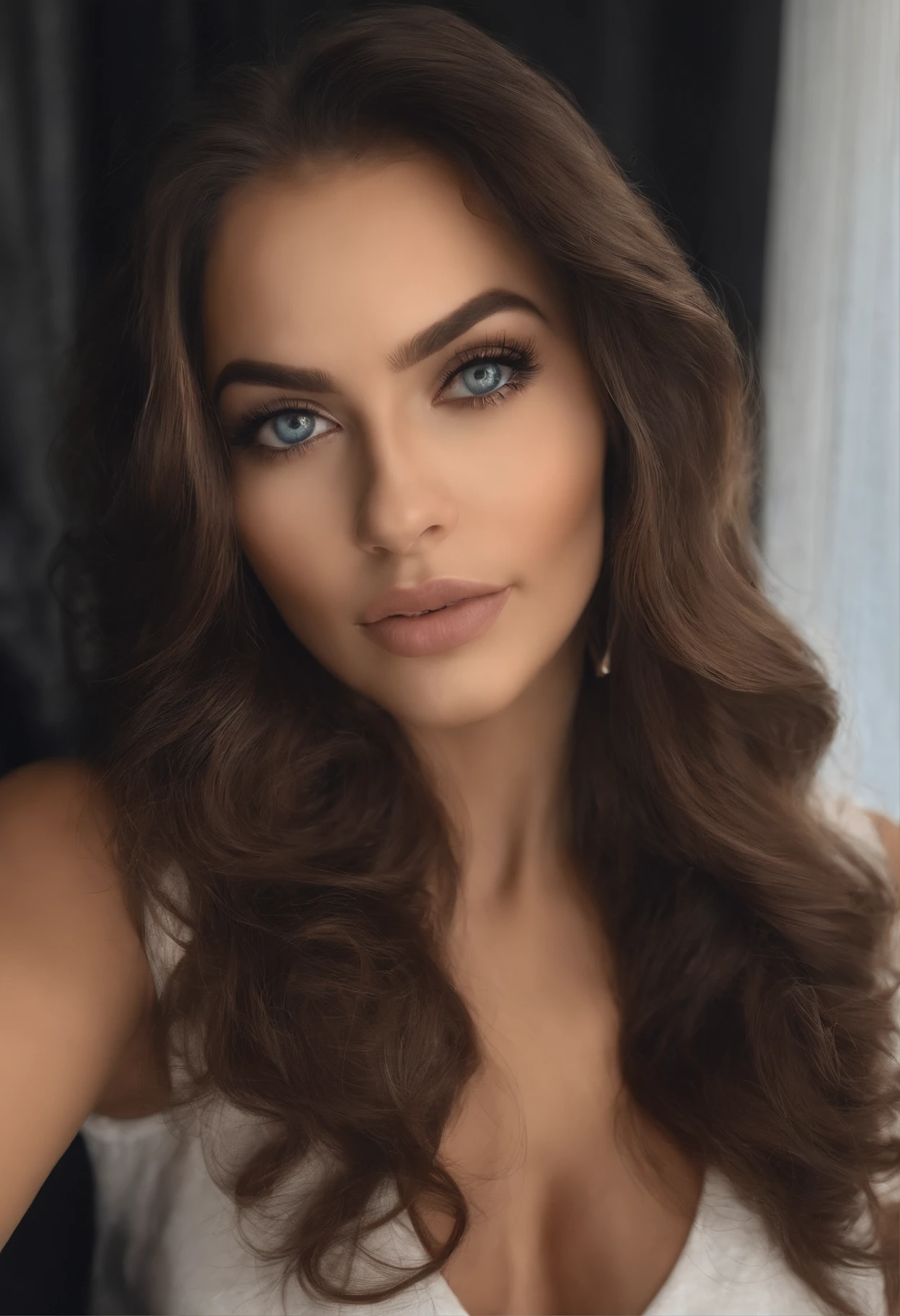 A woman with long brown hair and blue eyes posing for a picture - SeaArt AI