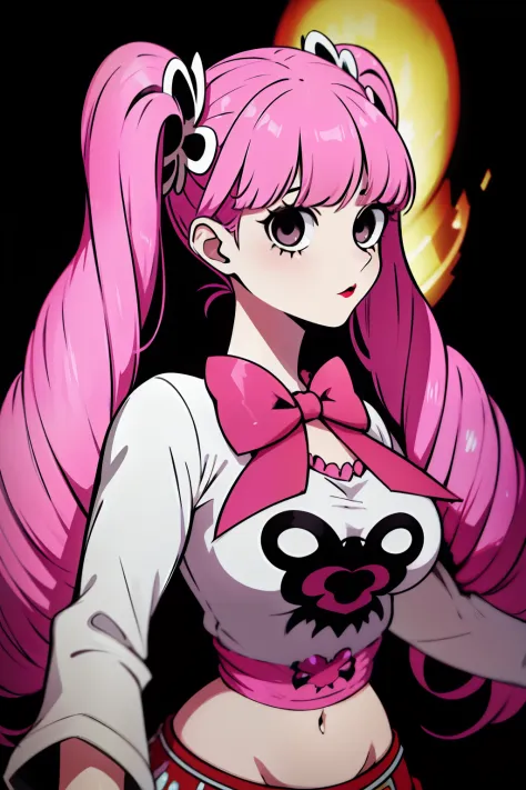 Perona, 1girl, pink hair, black eyes, blunt bangs, drill hair, red lipstick, long twintails, crown, (white and black striped stockings), long red boots, red capelet, pink bowtie, white shirt with sleeves, red skirt, midriff, perfect anatomy, solo, zombie, ...