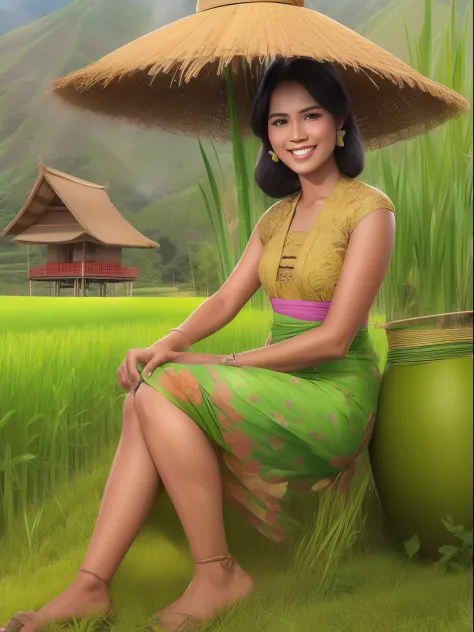 A Gorgeous black haired female Indonesian West Javanese Rice Farmer wears light green kebaya dress with a happy face and light l...