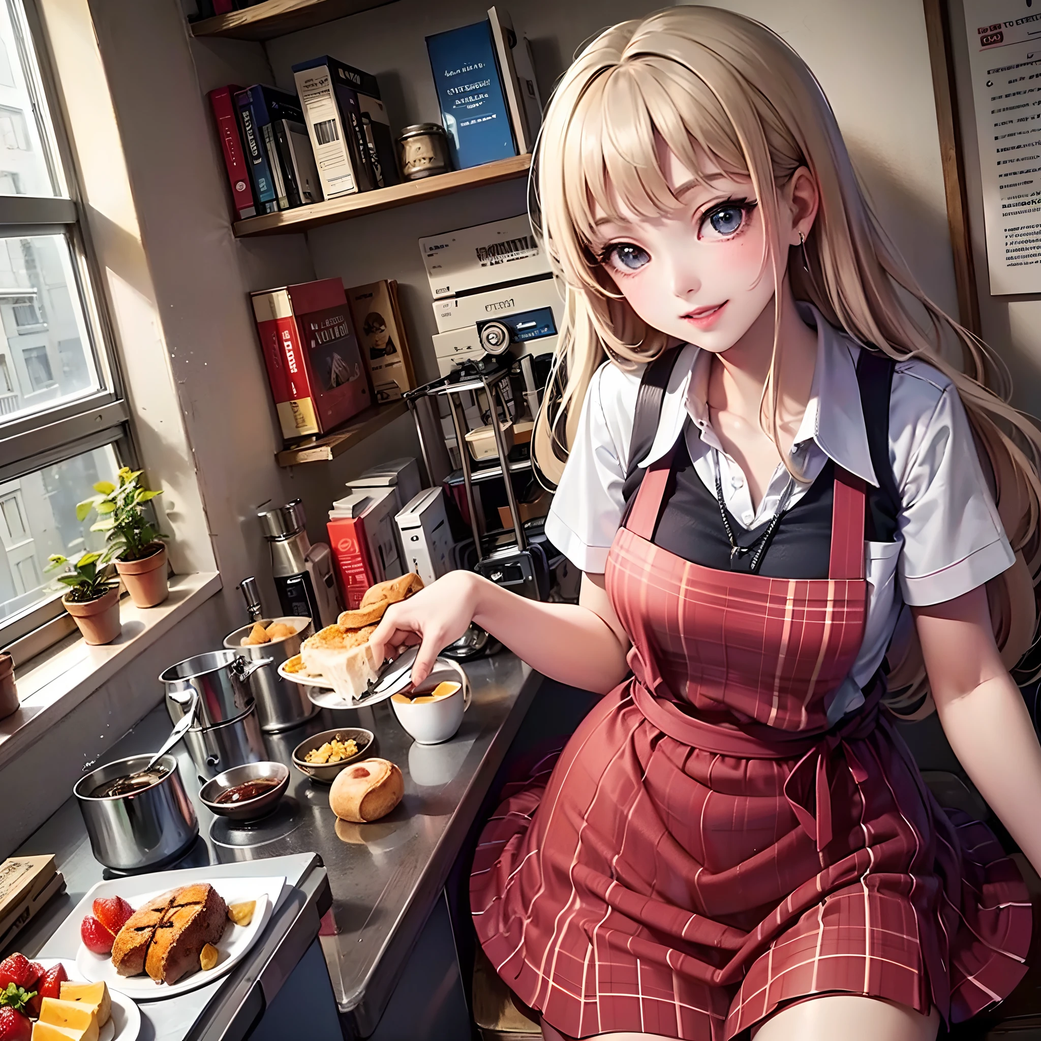 ((Finest quality)),(超A high resolution),(ultra-detailliert),((Best Anime)),sharpnes,Clair,Art with astounding depictions, (hi-school girl:1.3),Wearing an apron over a school uniform,a smile, Preparing breakfast