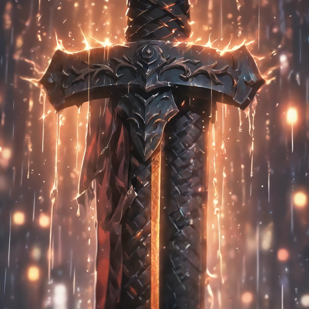 Close up of a sword in the rain, 8k high quality detailed art, badass anime 8 K, from arknights, Gothic Nights, Dark Souls Art Style,  4K fantasy art, epic fantasy digital art style, 8k fantasy art