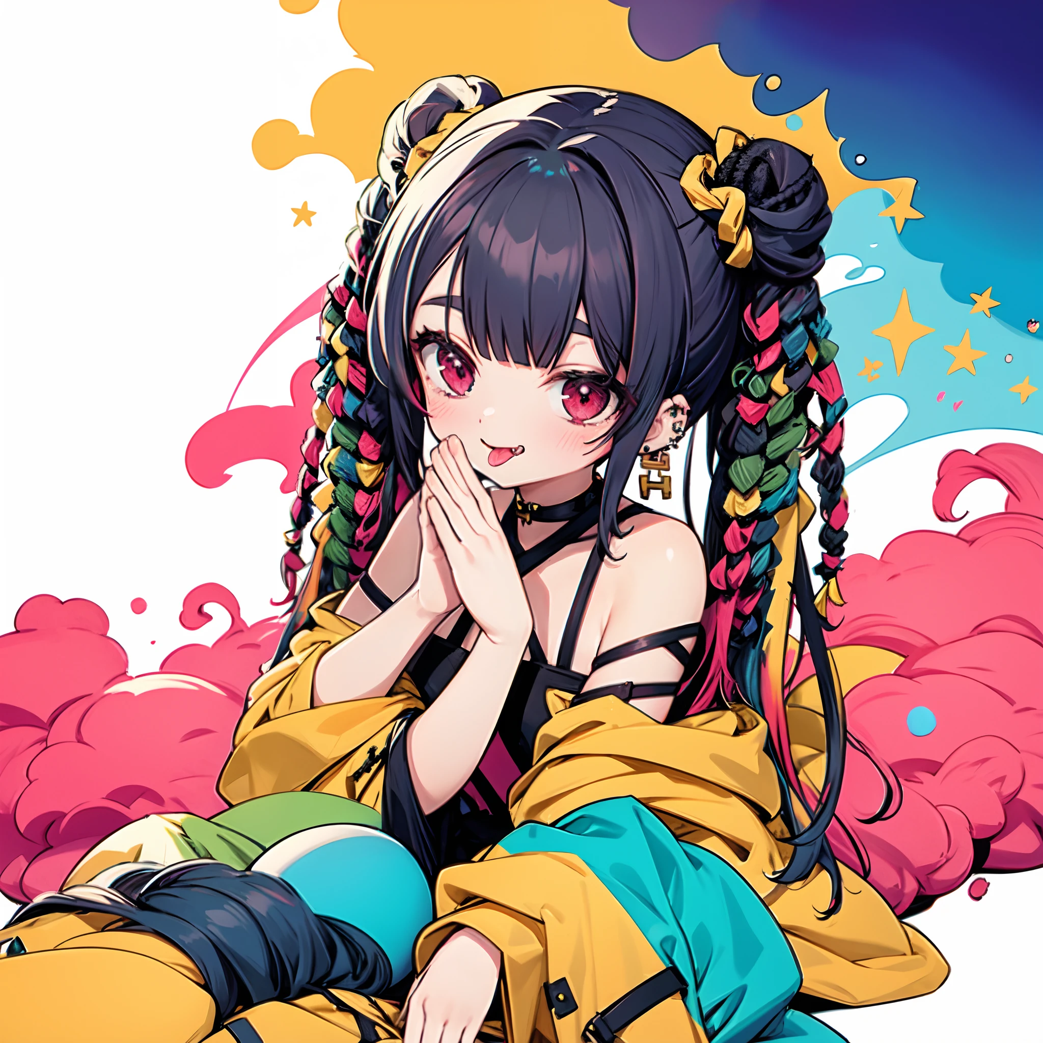 close-up, solo, (dreadlocks:1.4), (drill hair, afro, ponytail, two side up, hime cut, twintails, braid, hair bun:0.8), (wavy multicolor hair:1.2), (smokeanywhere:1.4), tongue, piercing, Criss cross applesauce, Put palms together