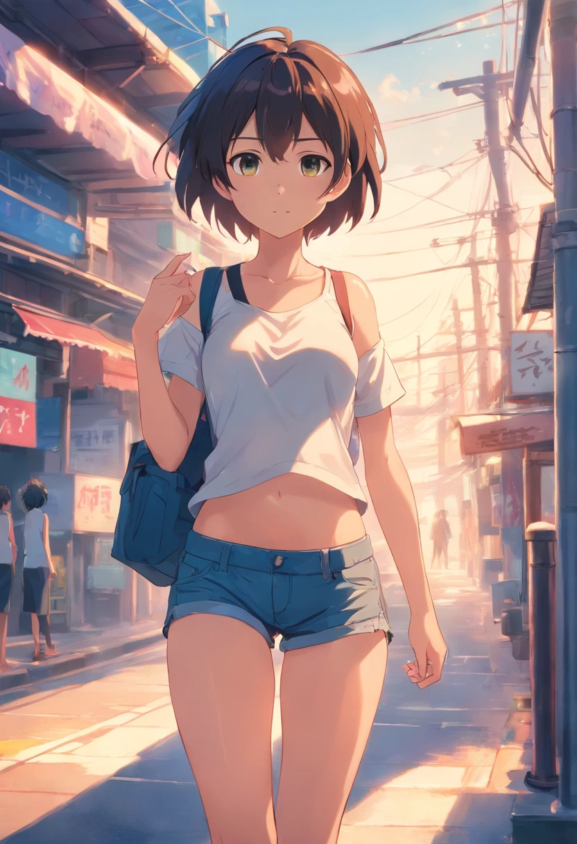 Anime girl walking down the street in shorts and a white shirt - SeaArt AI