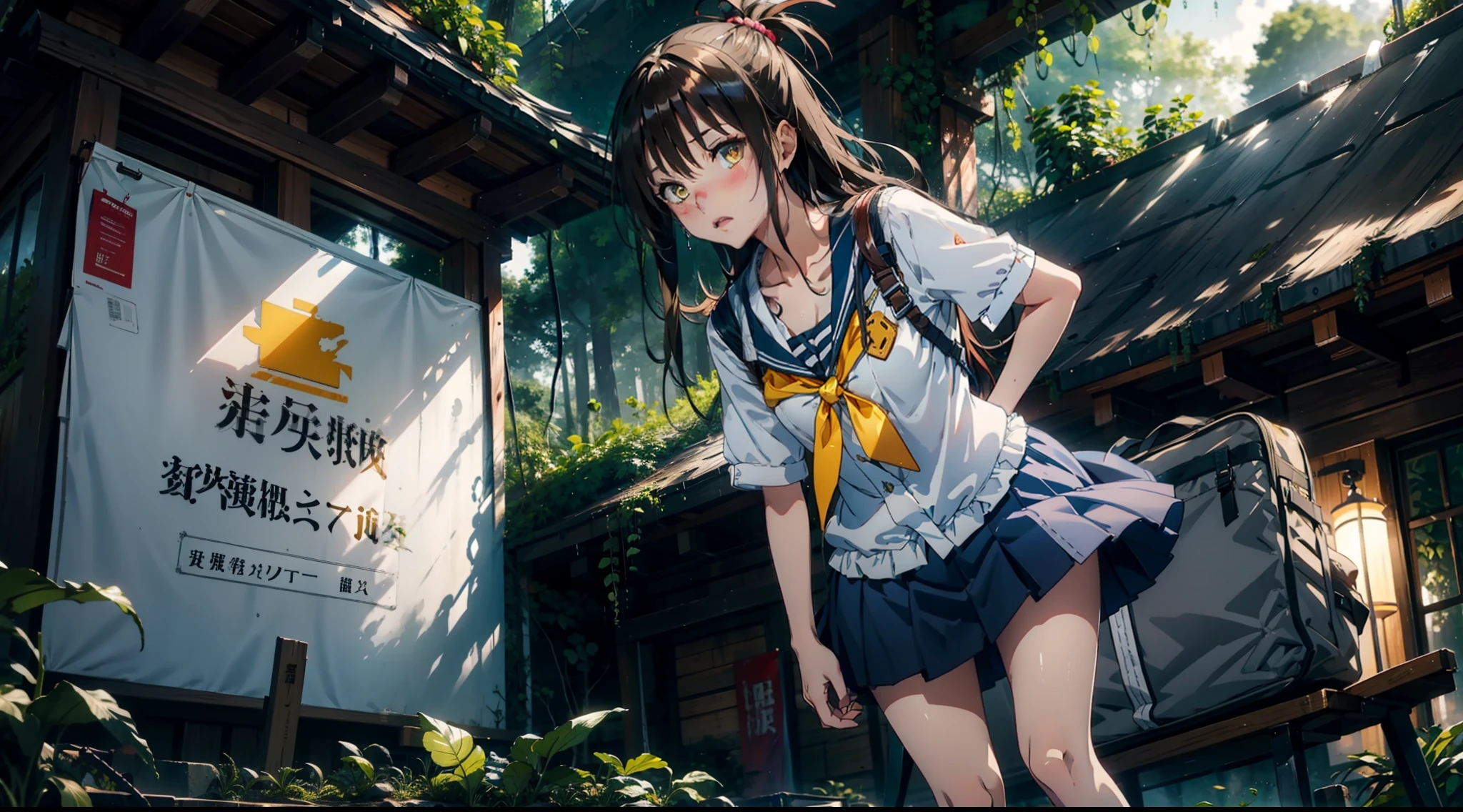 1female，15yo，Slim，MILF，medium cleavage breasts Thin waist，slenderlegs，Pornographic exposure， solo，yuuki mikan, brown hair, yellow eyes, hair ornaments, long hair, topknot, wavy hair, small breasts (wearing: , plead skirt, sneaker), looking at viewer,（Background with：ln the forest，the rainforest，in summer，standing on your feet，Sweat profusely，drenched all over the body，seen from the front， hair straight， mostly cloudy sky，（（（tmasterpiece），（Very detailed CG unity 8K wallpaper），best qualtiy，cinmatic lighting，detailed back ground，beatiful detailed eyes，Bright pupils，（Very fine and beautiful），（Beautiful and detailed eye description），ultra - detailed，tmasterpiece，）），facing at camera，（Full body photo），Show shoes，A high resolution，ultra - detailed），revealing breasts， Bulge，legs are open，Raised sexy，Flushed complexion，Open-mouthed，frontage，full body