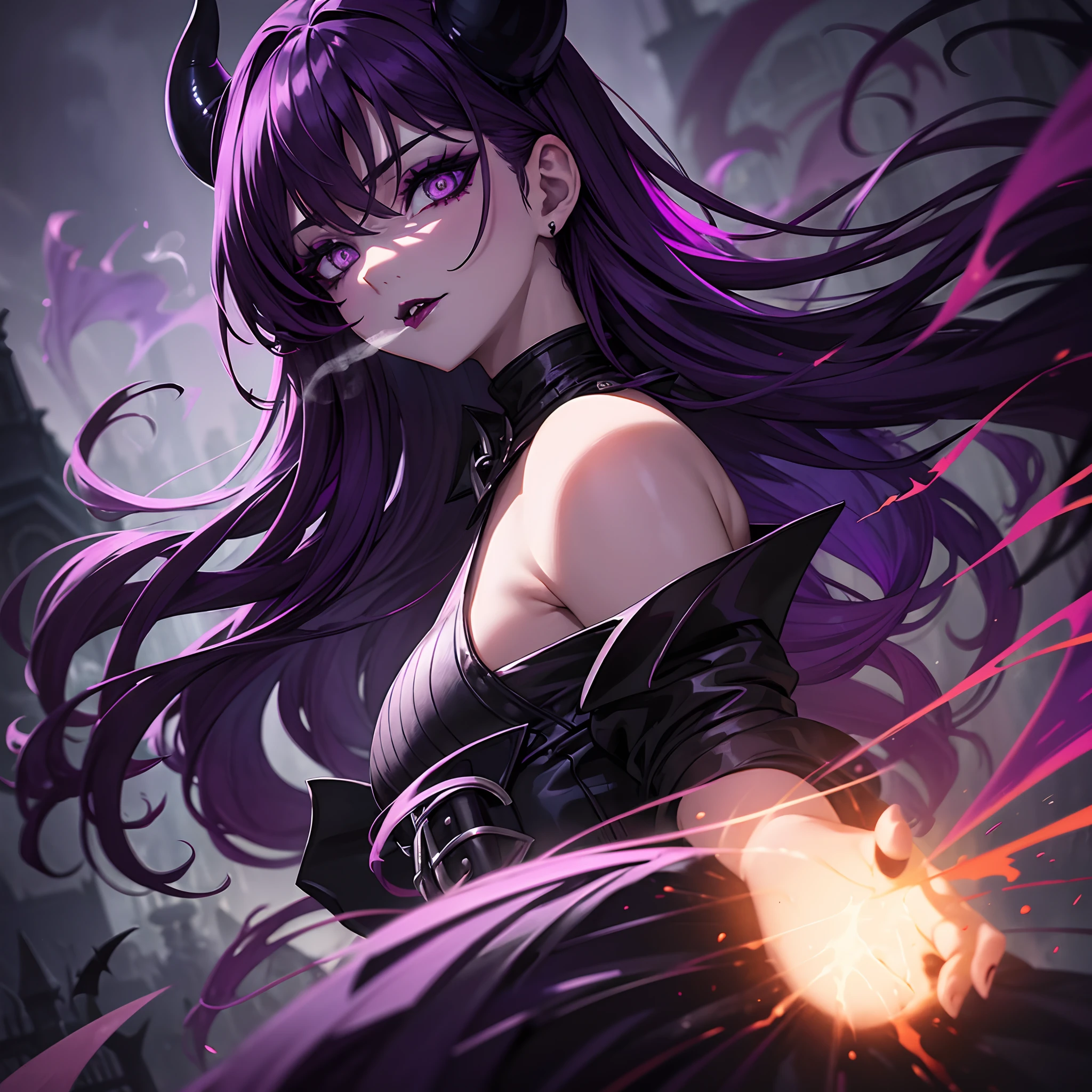 (devilish,girl:1.1),(purple hair:1.1),bright eyes,dark lips,demonic aura,playful expression,fiery background,smoke effects,gothic style,ethereal lighting,ultra-detailed,portrait,shadows,contrast colors,vivid hues,surreal atmosphere,sharp focus