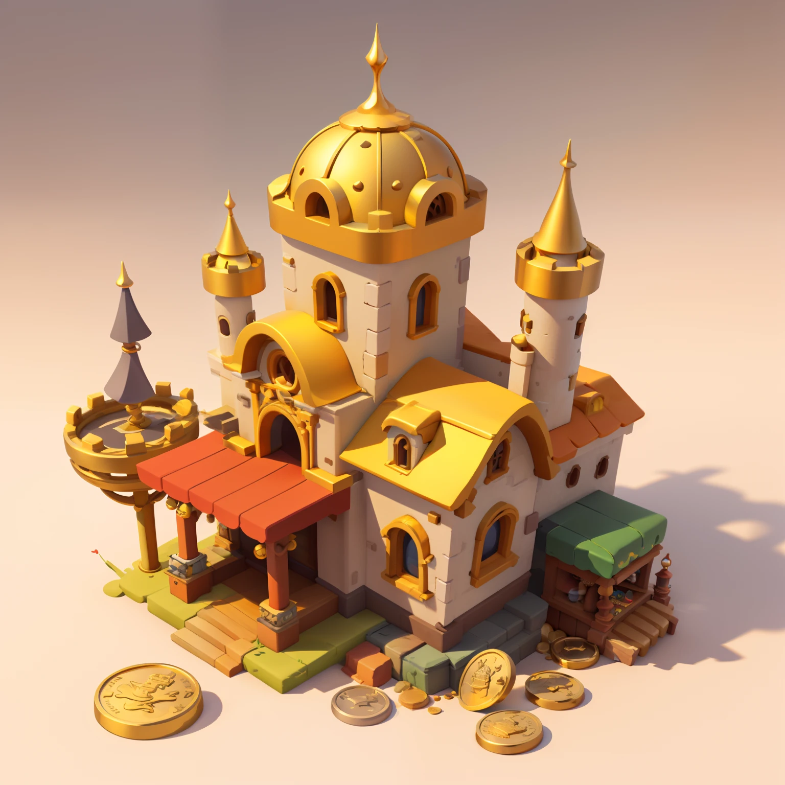 tmasterpiece，Best quality at best，Cartoony，pixar-style，Simple design，mini sence，Artiinaret Castle，gold coins，Treasure chests，Top of the Red Tower，