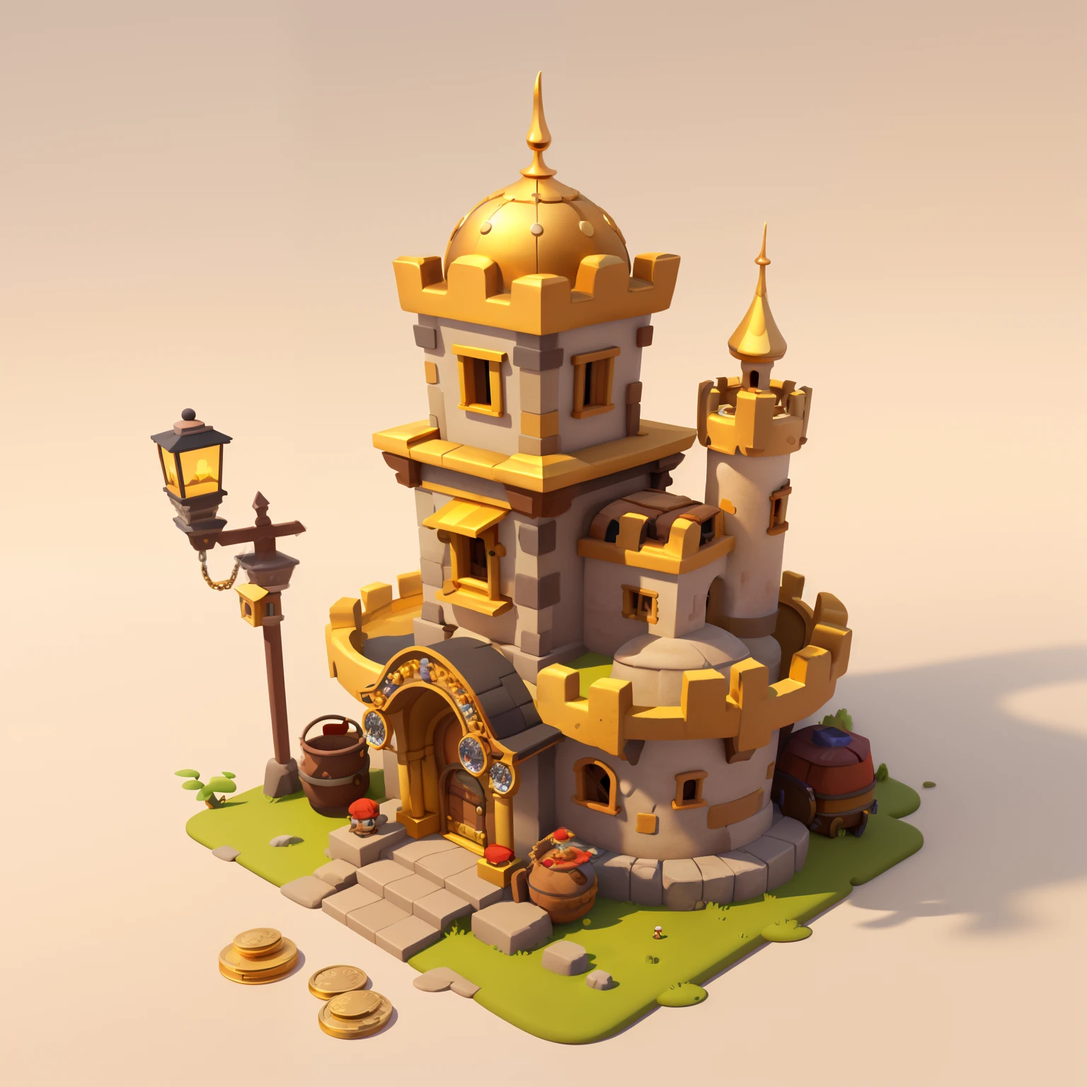 tmasterpiece，Best quality at best，Cartoony，pixar-style，Simple design，mini sence，Artiinaret Castle，gold coins，Treasure chests，Top of the Red Tower，
