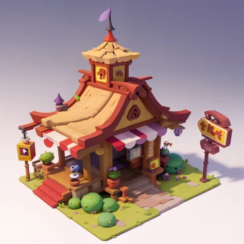 tmasterpiece，Best quality at best，Cartoony，pixar-style，Simple design，mini sence，Artis，fond violet，bamboo forrest，octagonal pavilion，Top of the Red Tower