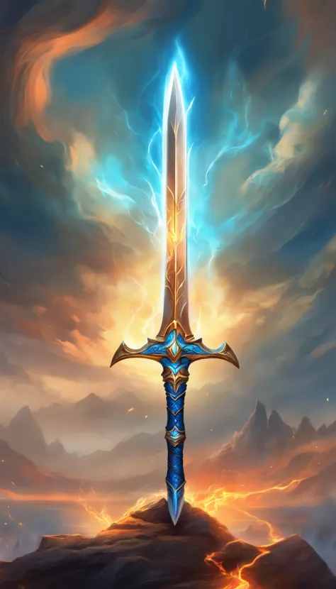a big legendary sword with blue lightning coming out of it fiery details