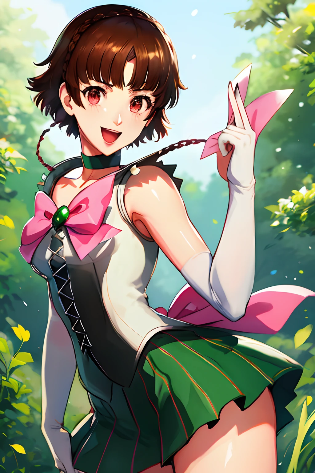 makoto nijima, frange émoussée, tresser, cheveux bruns, crown tresser, les yeux rouges, tiare, bijoux, Uniforme de marin Senshi, col marin vert, foulard, gants de coude, Gants blancs, arc rose, broche, collant, jupe verte, tir de cow-boy, debout, champ, sourire, bouche ouverte,