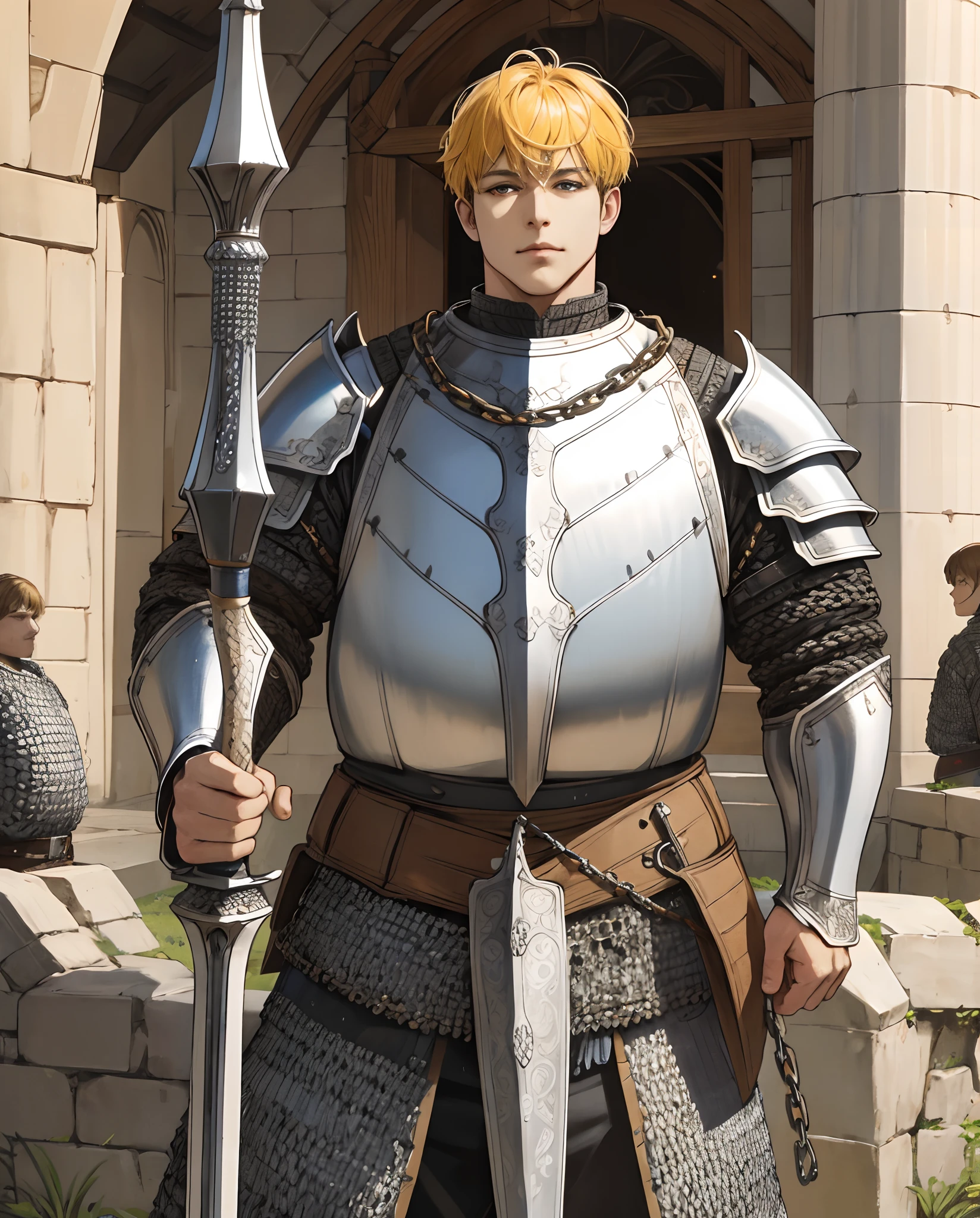 (absurd, highres, ultra detailed), 1man, mature man, intricate details, enlarged textures, intricate details, finely detailed eyes and detailed face, intricate details, honey yellow hair, (closed mouth), perfect eyes, matching eyes, bob cut, brown eyes, medieval Fantasy style clothing, fantasy style, armor, chain armor, medieval chain armor, weapon, chain mail, mace, weapon mace, holding a mace, chubby, strong, medieval town, daylight, tanned skin, man, iron chain armor, flabby, fat, stomach,chainmail, shield, full body, fat, light blue armor, slightly fat