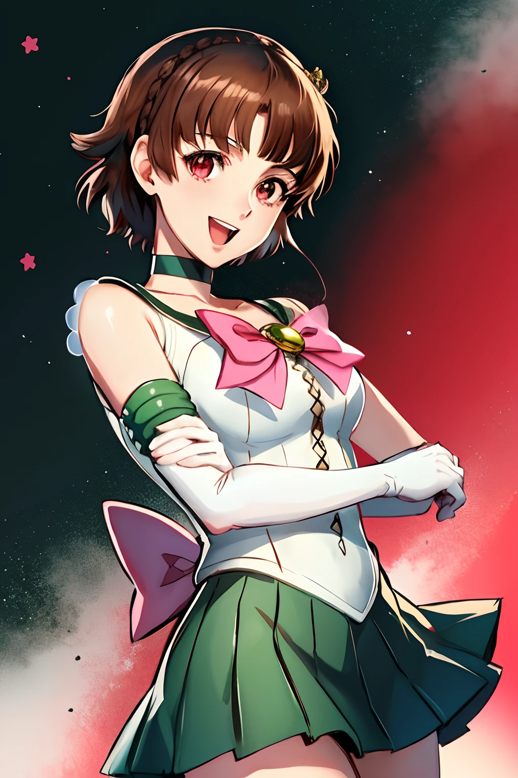 makoto nijima, blunt bangs, braid, brown hair, crown braid, red eyes, tiara, jewelry, sailor senshi uniform, green sailor collar, choker, elbow gloves, white gloves, pink bow, brooch, leotard, green skirt, cowboy shot, standing, field, smile, open mouth,