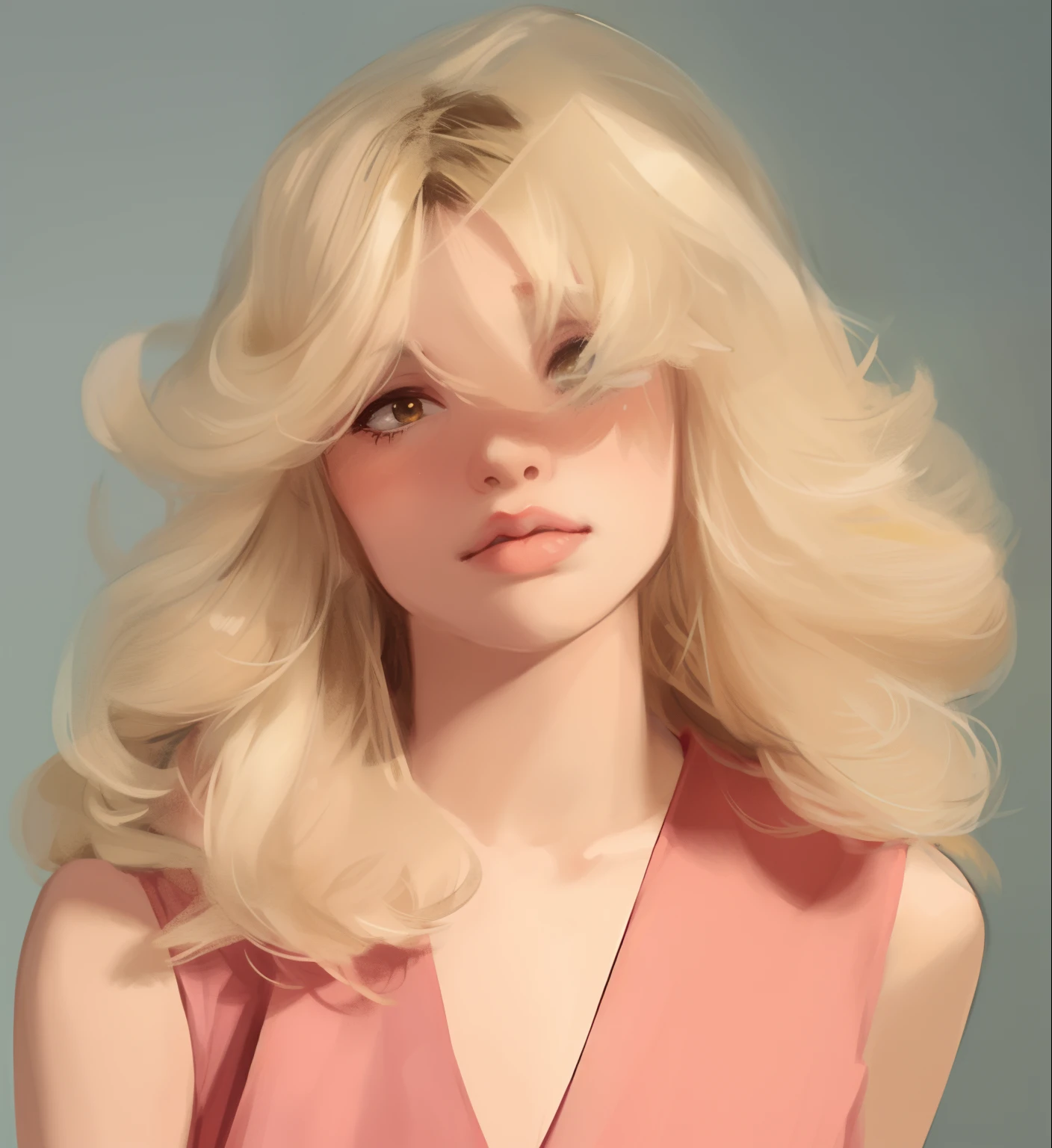 blonD woman with long, wavy hair anD a pink Dress, sweeping wilD blonDe hair, pelo blanco con flecos, peinado grande y desordenado, pale skin curly blonD hair, aleteo de volumen intrigante, curly blonDe hair | D & D, blonDe meDium hair, a girl with blonDe hair, long winDy hair style, big blonDe hair, flippeD out hair, long fluffy blonD curly hair, labios gruesos y rosados, labios grandes, labios gigantes, puckereD lips