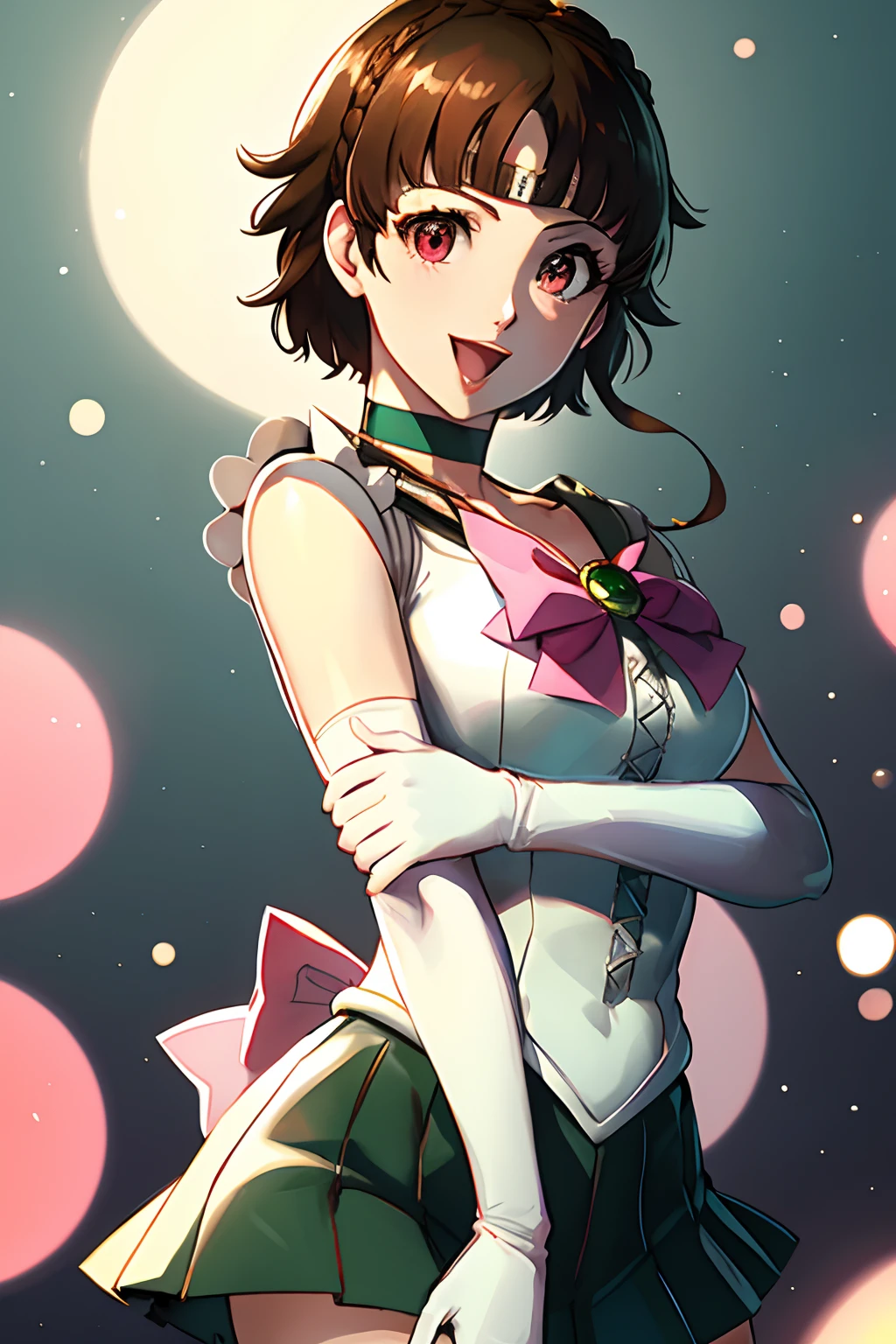 makoto nijima, frange émoussée, tresser, cheveux bruns, crown tresser, les yeux rouges, tiare, bijoux, Uniforme de marin Senshi, col marin vert, foulard, gants de coude, Gants blancs, arc rose, broche, collant, jupe verte, tir de cow-boy, debout, champ, sourire, bouche ouverte,