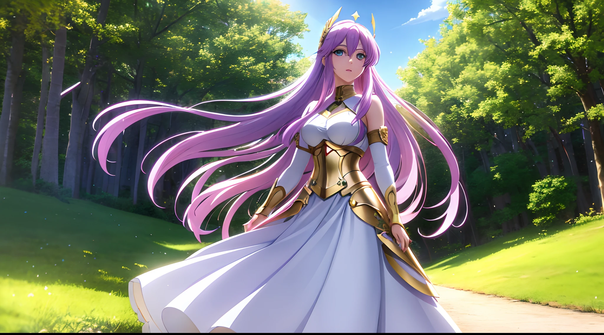 Athena with plain long light purple hair,hair between eyes,green eyes,rosy cheeks,full lips,thin eyebrows,slender body,wearing golden armor and full long skirt,cute anime girl,full body,village streets in background,anime style,Lumen Reflections,Screen Space Reflections,Diffraction Grading,Chromatic Aberration,GB Displacement,Scan Lines,Ray Traced,Anti-Aliasing,FXAA,TXAA,RTX,SSAO,Shaders,OpenGL-Shaders, GLSL-Shaders,Post Processing,Post-Production,cell Shading,Tone Mapping,CGI,VFX,SFX,insanely detailed and intricate, 4K,standing, solo, masterpiece, best quality, detailed face, detailed eyes, highres, standing, solo,masterpiece, best quality