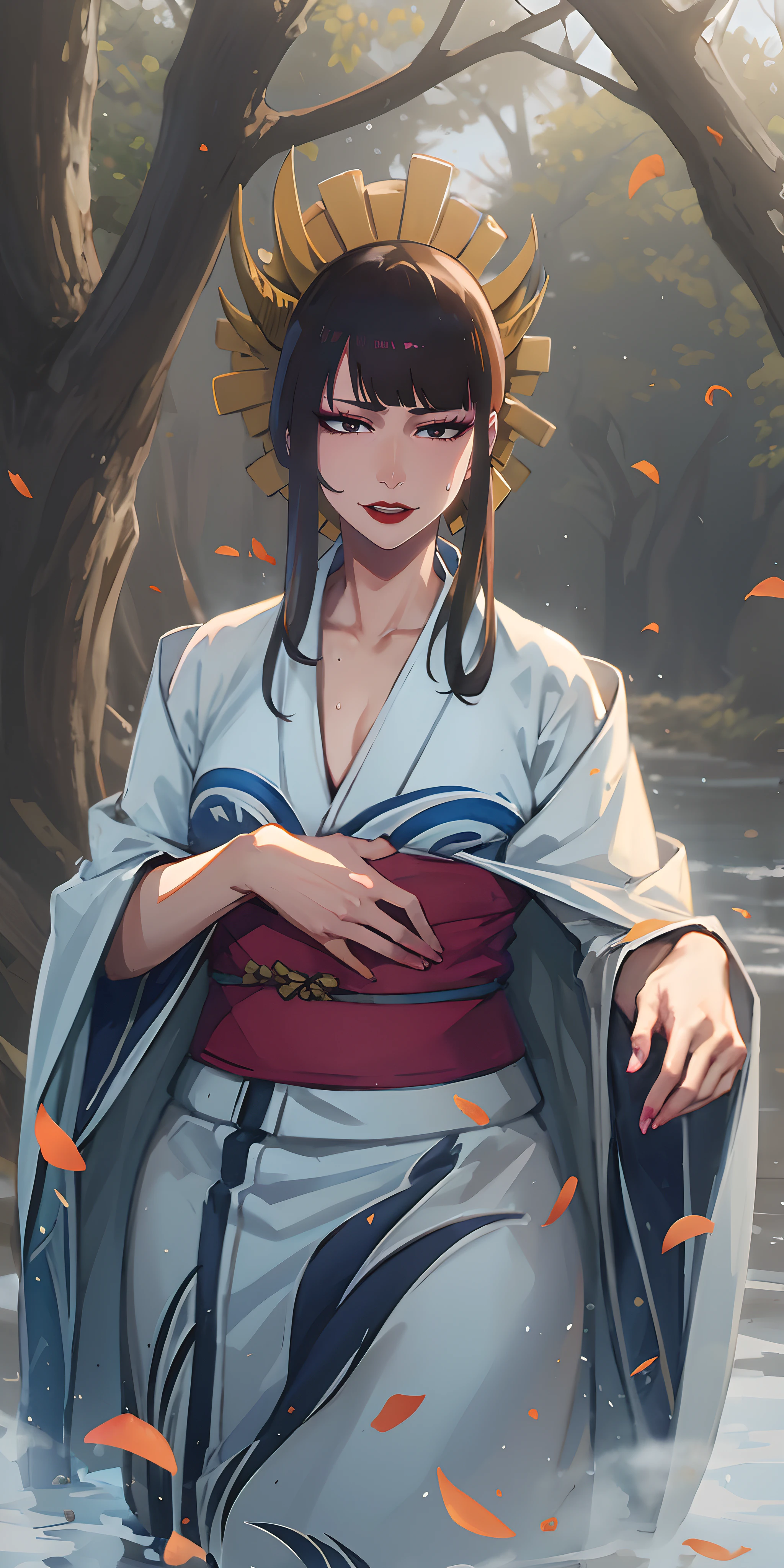 senjumaru shutara, (long hair, bangs, blunt bangs, black hair, sidelocks:1.5), (black eyes:1.5), makeup, lipstick, red lipstick, sweating, glowing eyes, heavy breathing, female focus, tree, japanese_clothes, solo, hakama, outdoors, 1girl, looking_at_viewer, standing, nature, kimono, blurry, long_sleeves, aqua themes, lips, "long shot scenic professional photograph of {prompt}, perfect viewpoint, highly detailed, wide-angle lens, hyper realistic, with dramatic sky, polarizing filter, natural lighting, vivid colors, everything in sharp focus, HDR, UHD, K", anime coloring, anime screencap, sweating, steaming body, fog, hair ornament,