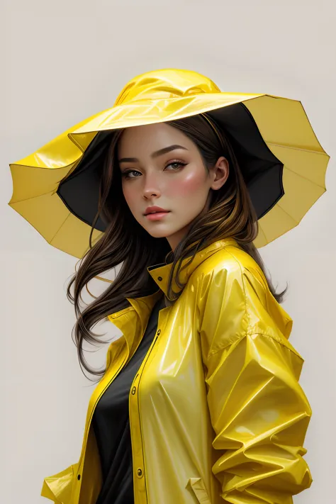 Image of a woman with a yellow raincoat and black hat, Pintura digital realista, pintura digital ultra realista, Pintura digital...