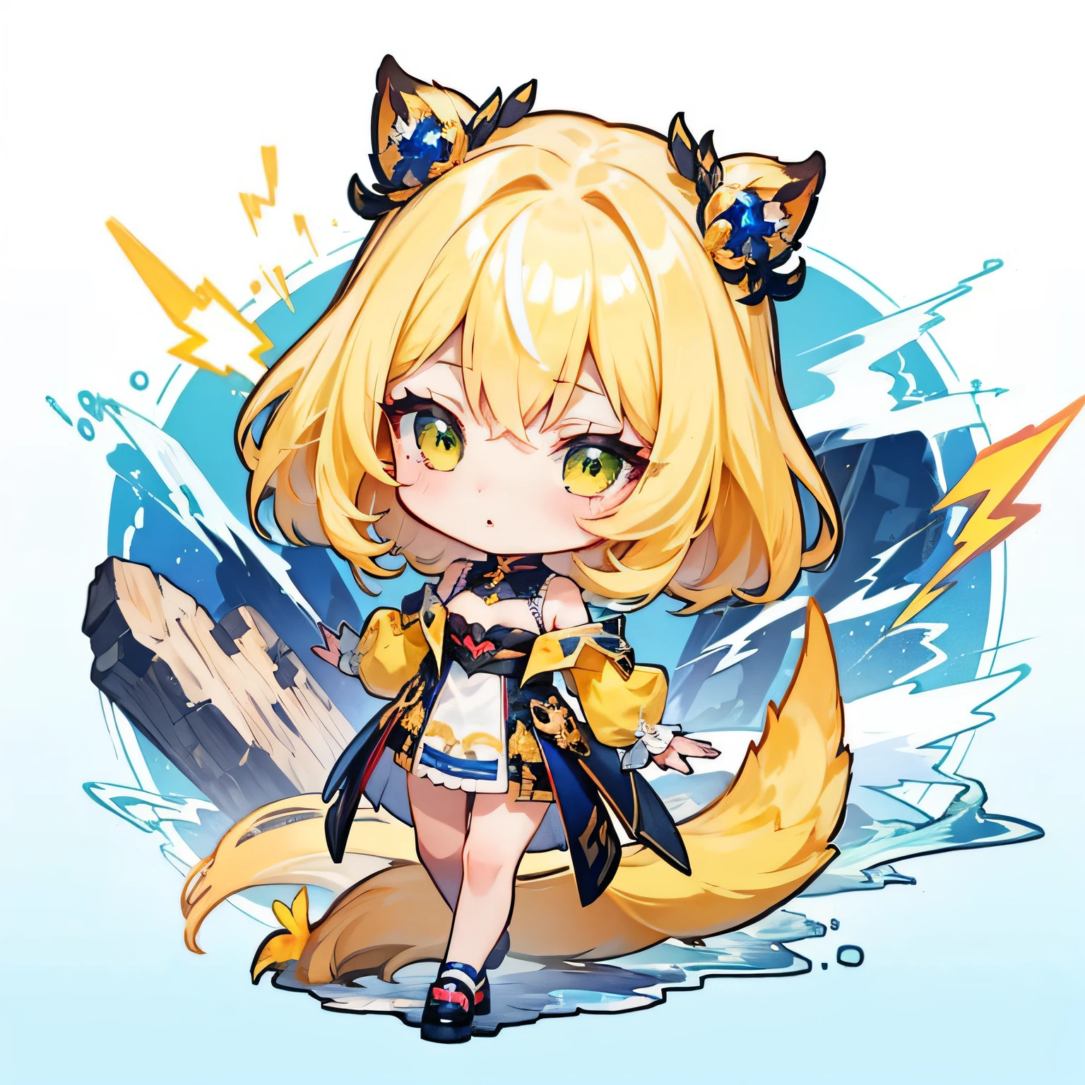 masutepiece, Best Quality, Ultra detailed chibi, ((full body Esbian)),Laichu, 1 girl in yellow clothes, Yellow hair, lightning bolt, yellow tail, estilo chibi,  length hair, Having a lightning case