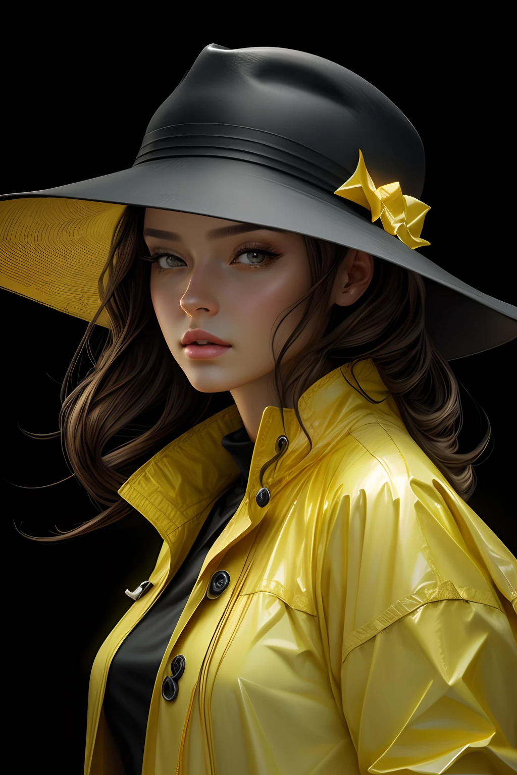 Image of a woman with a yellow raincoat and black hat, Pintura digital realista, pintura digital ultra realista, Pintura digital fotorrealista, lindo pintura digital, Estilo de pintura digital, Arte Digital 4K Realista, Arte Digital 4K Realista, Grande arte digital com detalhes, pintura digital impressionante, stunning digital illustration, artes digitais fotorrealistas, Arte digital realista