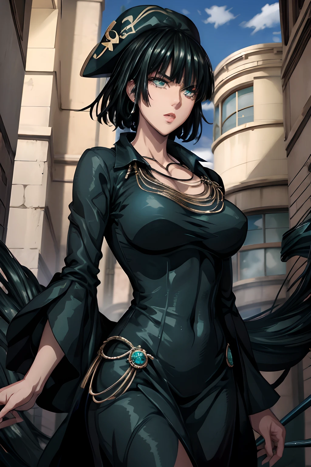 fubuki, Lancer un sort magique,Étoile magique, fille solitaire,jade mono,clair de lune,Jupe Steampunk Victorienne Bleue,Corset de pirate,Bijoux de cou en jade,Chapeau de sorcière bleu,cheveux courts,Boucles d&#39;oreilles croissant de lune,la robe du soir,ville de citrouilles,Château de la sorcière,Maquillage gothique,Des fantômes,Citrouille d&#39;Halloween