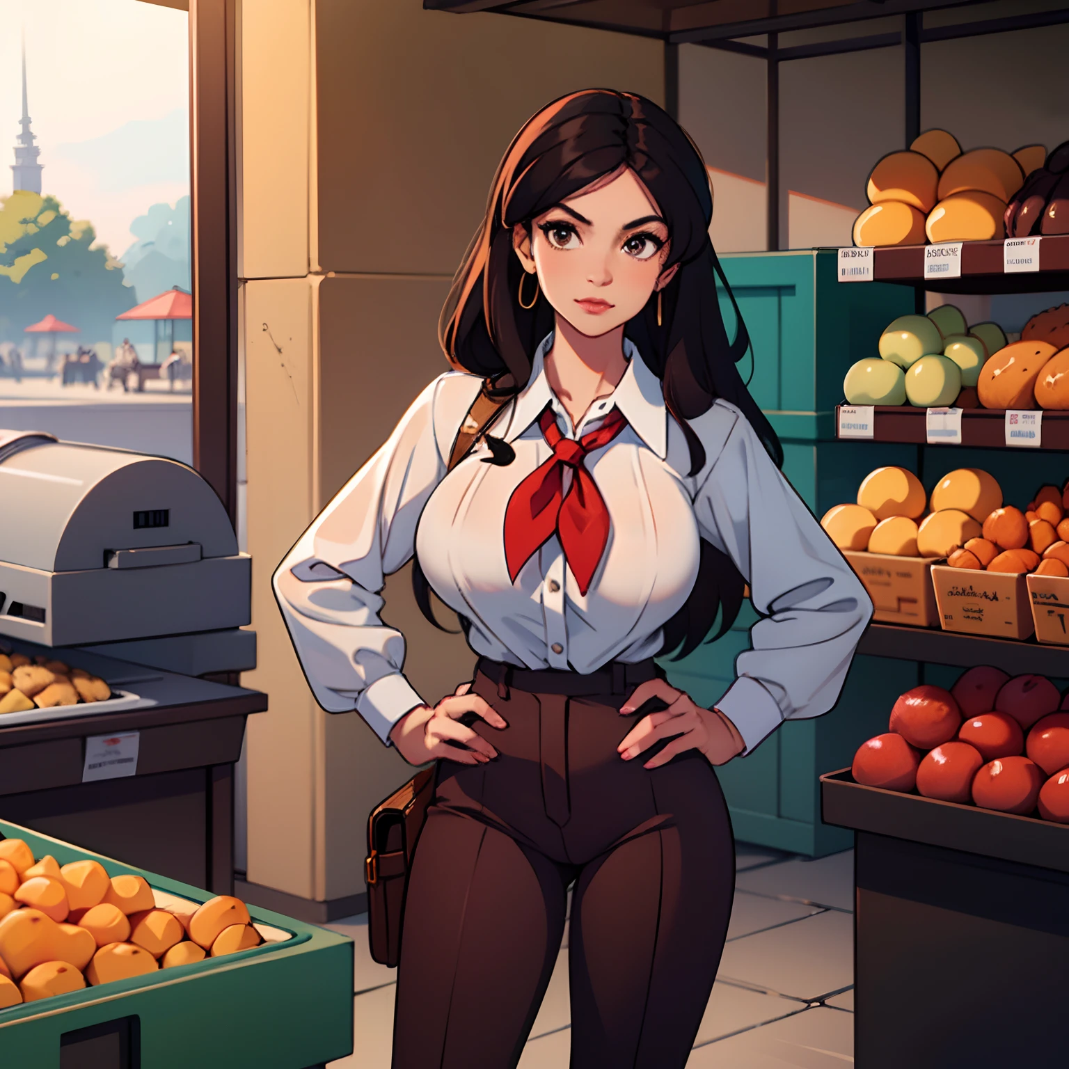Denise milani, solo, tan skin, brown hair, long hair, 20s style adventurer outfit, torso up, looking at viewer, white pinstripe button shirt, red neckerchief, thinking, looking up, hand on chin, brown pants, gun strapped to hip, standing in front of Brazilian market, vendors,