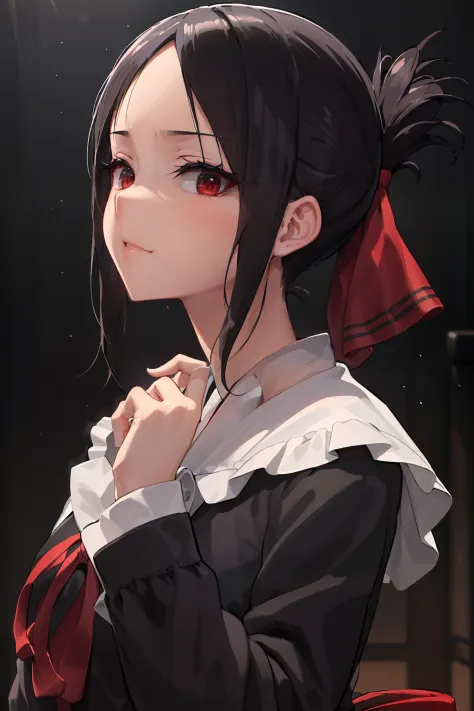 (masterpiece, best quality:1.2), extremely detailed, detailed hair, soft skin, black background, kaguya from love is a war, wearing black school japanese shirt, looking at viewer, cinematic light
