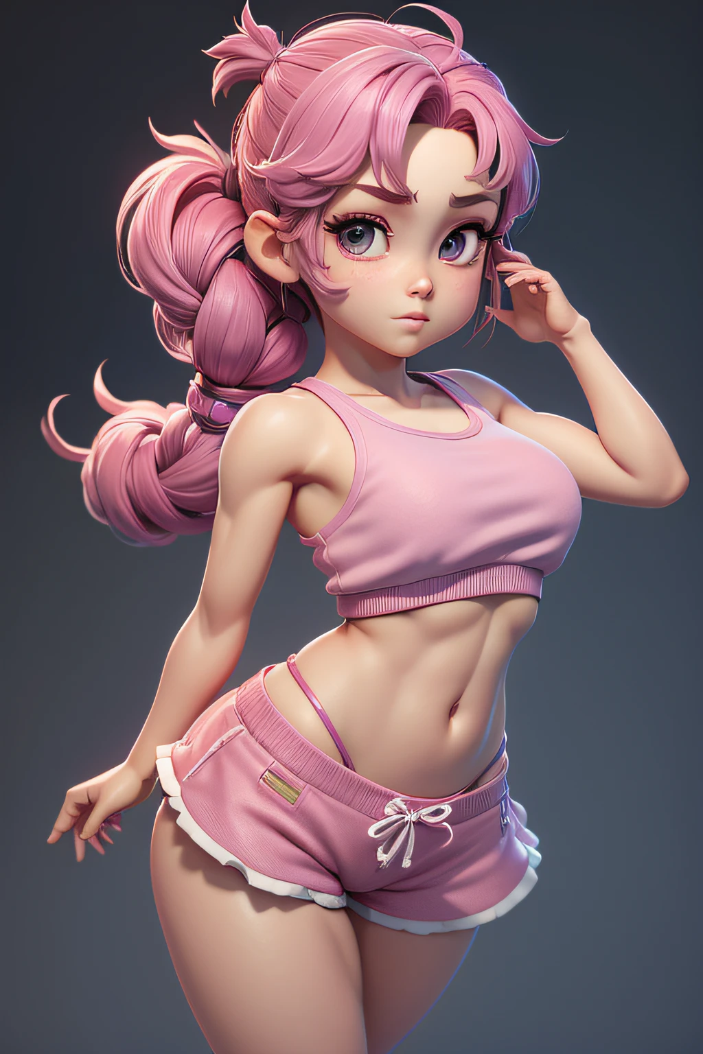 Mini Sakura, (sakura),  独奏, ray tracing, 3D style, 3DMM, ((3 poses per photo)), ((3 poses in each photo)), fully body,(Front view),(back vision), (view on the left), high waist shorts, show flat belly, (((3 poses per photo))),(very big tits), perfect tummy, perfect and symmetrical eyes, (perfect hands), fully body,Full body, full of detail