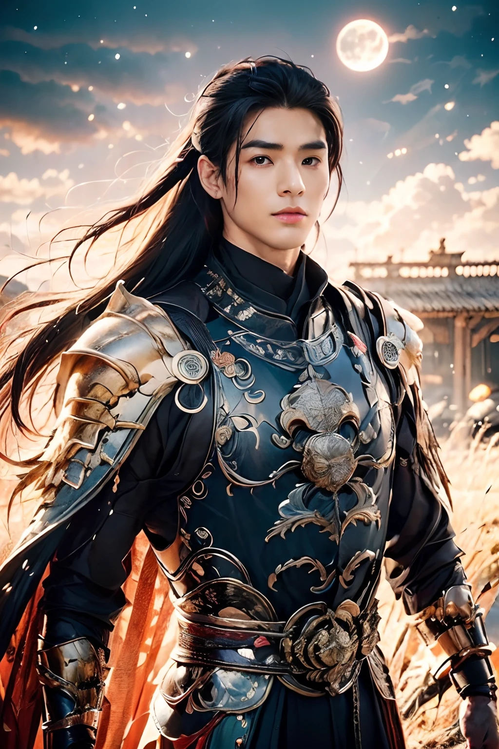 A 21-year-old Asian man，Thick eyebrows，Melon seed face，Handsome face，Men's full body ，A transparent streamer is tied to the body and flutters in the wind，The background is an ancient Chinese town，Time is night。Deep blue sky，A full moon，Lots of black lanterns，Pavilions and arch bridges，His skin is fair，He is slender,  The limbs have pronounced muscle lines，high-definition photography，Real-world scenarios，Lots of detail, wearing black long coat, black long pants, black turtleneck shirt, lightning, magic, messy long hair, battle pose, warrior, looking at viewer, army leader, everybody is afraid of him, brave