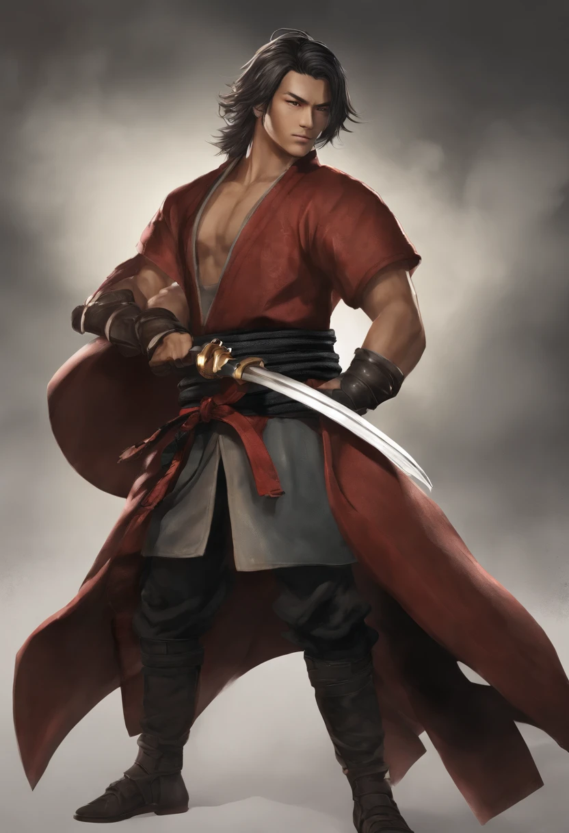 A man in a red robe holding a sword and a sword - SeaArt AI