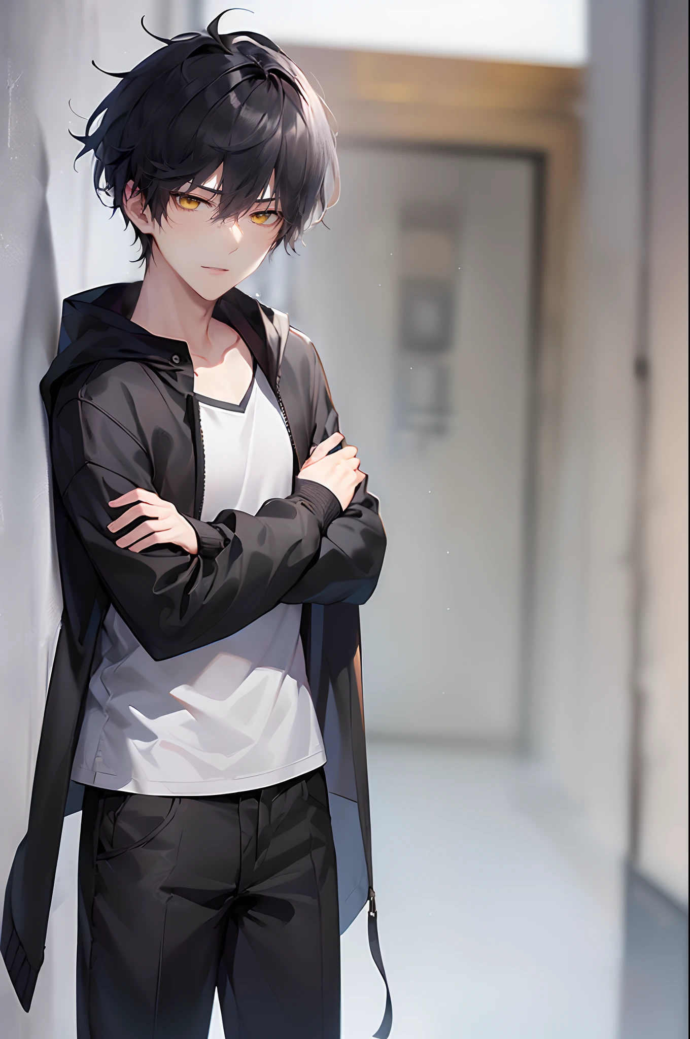 Anime boy with black hair and glasses standing in a hallway - SeaArt AI