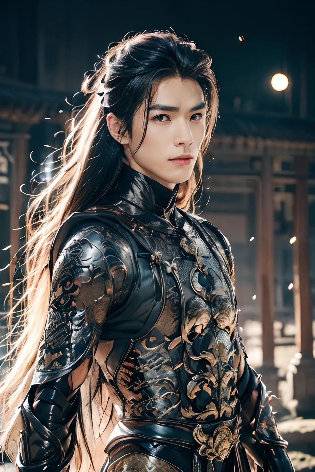 A 21-year-old Asian man，Thick eyebrowelon seed face，Handsome face，Men's full body ，A transparent streamer is tied to the body and flutters in the wind，The background is an ancient Chinese town，Time is night。Deep blue sky，A full moon，Lots of black lanterns，Pavilions and arch bridges，His skin is fair，He is slender,  The limbs have pronounced muscle lines，high-definition photography，Real-world scenarios，Lots of detail, wearing black long coat, black long pants, black turtleneck shirt, lightning, magic, messy long hair, battle pose, warrior, looking at viewer, devilish gaze at viewer